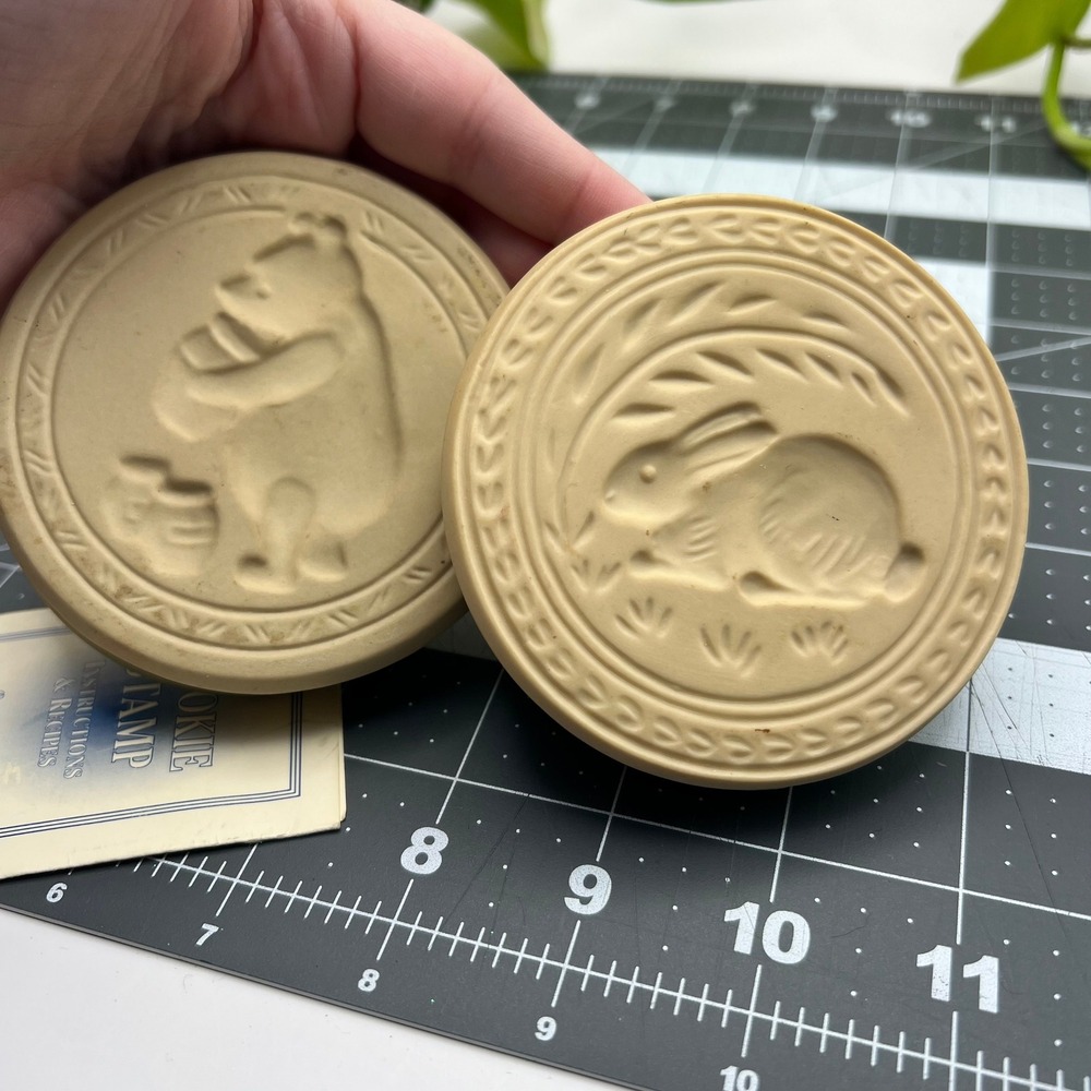 Vintage NewMarket Design Ceramic Cookie Stamp Set Bear Rabbit 1998 2pc Set